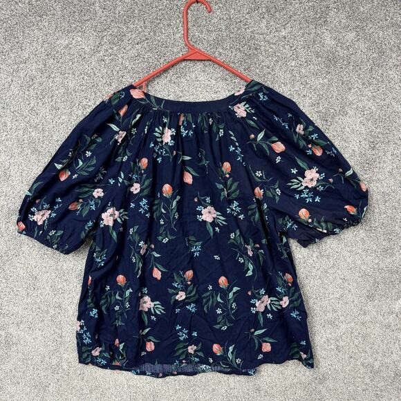 St Johns Bay Top 1X Plus Navy Floral Peasant Romantic Boho Dark Cottagecore - Picture 8 of 10